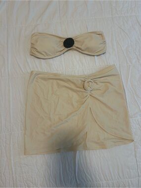 Forever 21 Beige Strapless Top and Mini Skirt with Rosette Detail